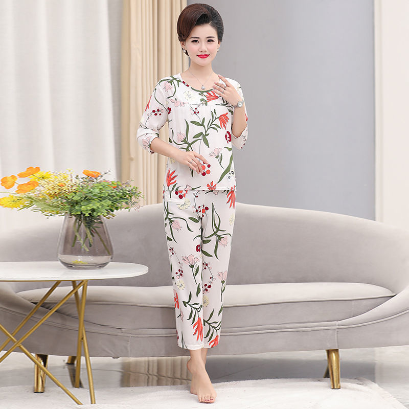 Middle-aged and elderly mother pajamas summer cotton silk home service suit long-sleeved trousers thin artificial cotton pajamas two-piece set