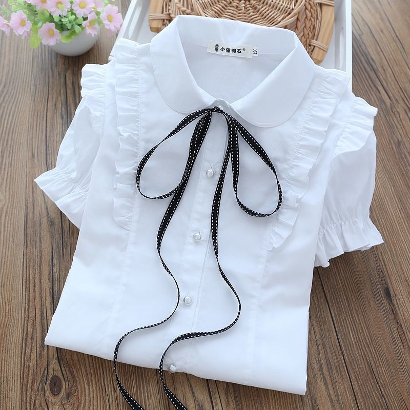 New Girls White Shirt Foreign Style Short Sleeve 2023 Spring and Autumn Baby Shirt Girl Big Boy Tops College Style