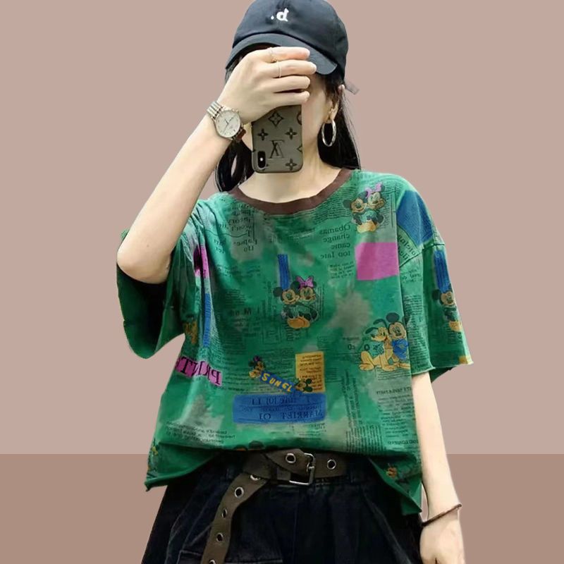 European station 2023 summer new fashion loose Mickey print contrast color round neck short-sleeved T-shirt top female ins trend