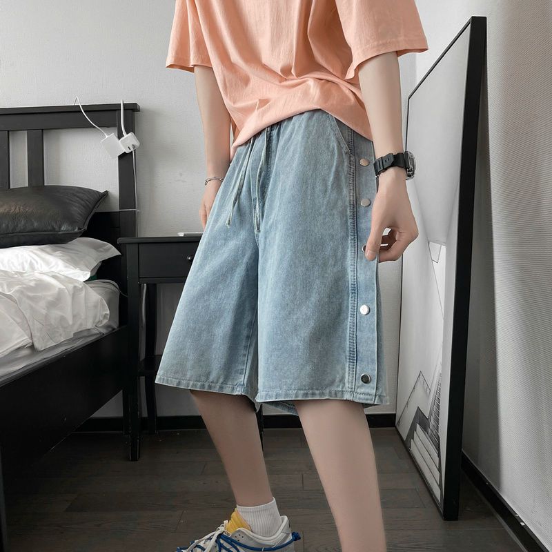 美式vintage水洗牛仔短裤男潮牌boy做旧排扣裤子夏季大码五六分裤