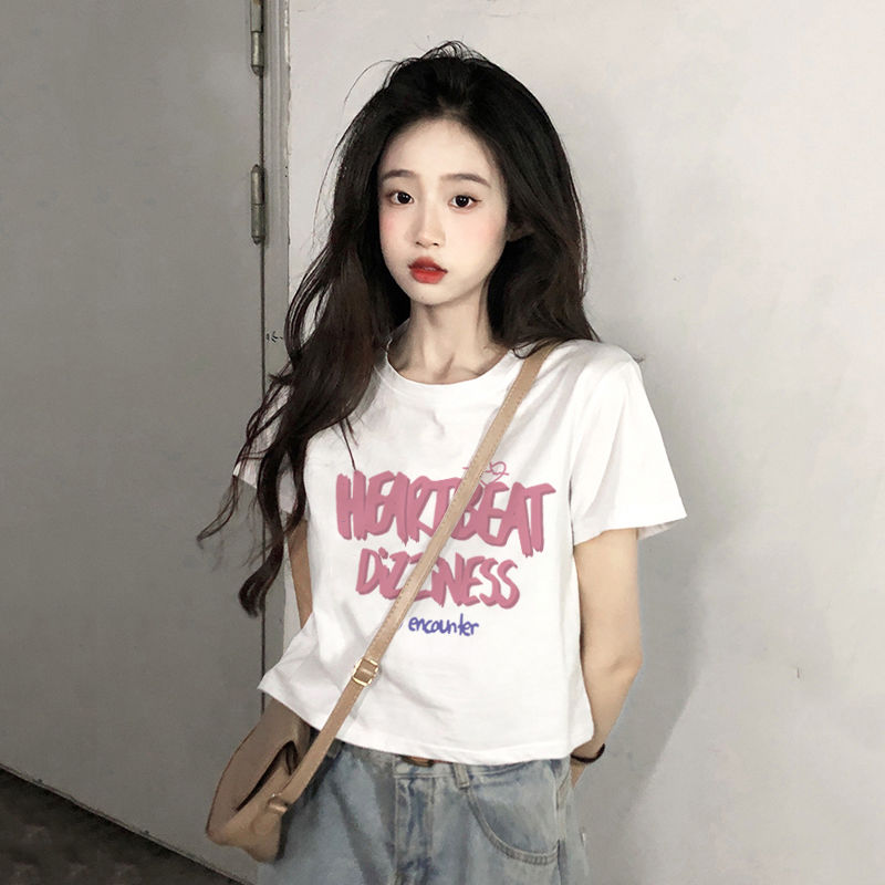 白色短款上衣女夏季今年流行高腰顯瘦ins美式復古正肩短袖t恤純棉