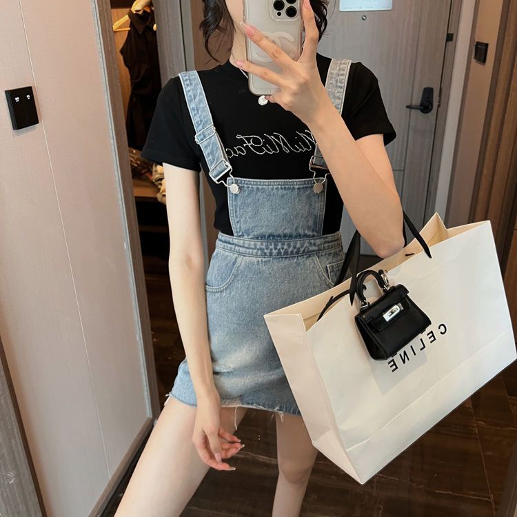 減齡氣質蝴蝶結牛仔背帶短裙女夏季新款大碼胖mm收腹顯瘦連衣裙子