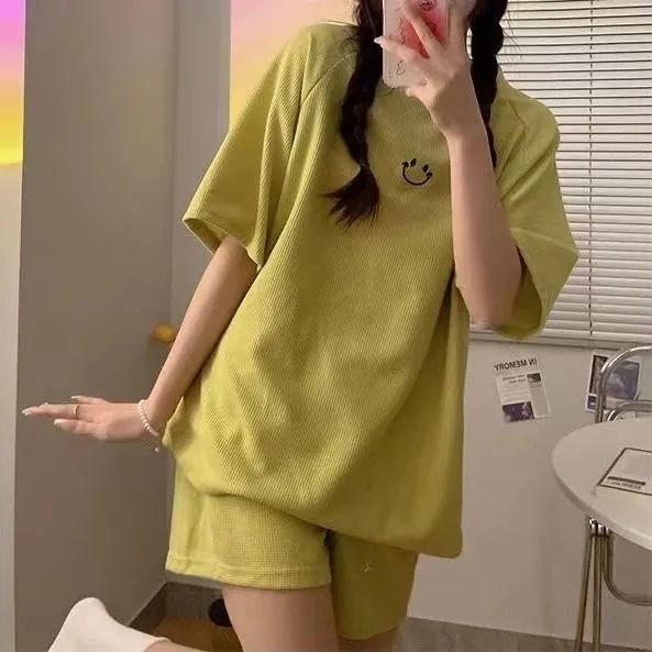 Pajamas women's summer thin short-sleeved shorts loose cute student two-piece suit simple and can be worn outside home clothes