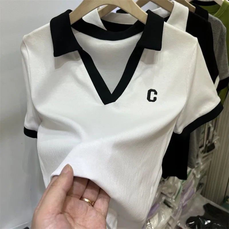 Contrasting color letter short-sleeved T-shirt women's  summer new pure desire ins casual foreign style Polo shirt top trendy style