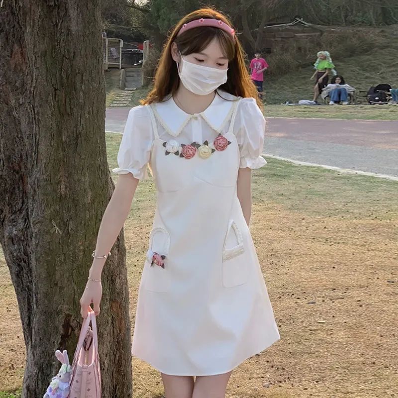 兩件套裝/單件夏季學院風泡泡袖襯衫上衣女+甜美氣質吊帶裙a字裙