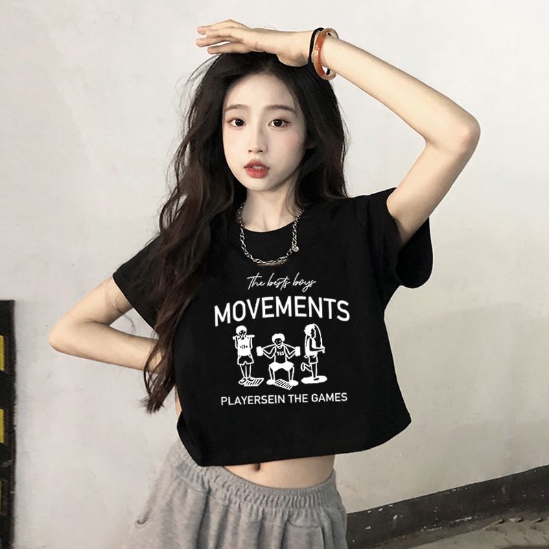 黑色短款短袖t恤女夏裝2023年新款寬鬆純棉高腰辣妹顯瘦上衣體恤