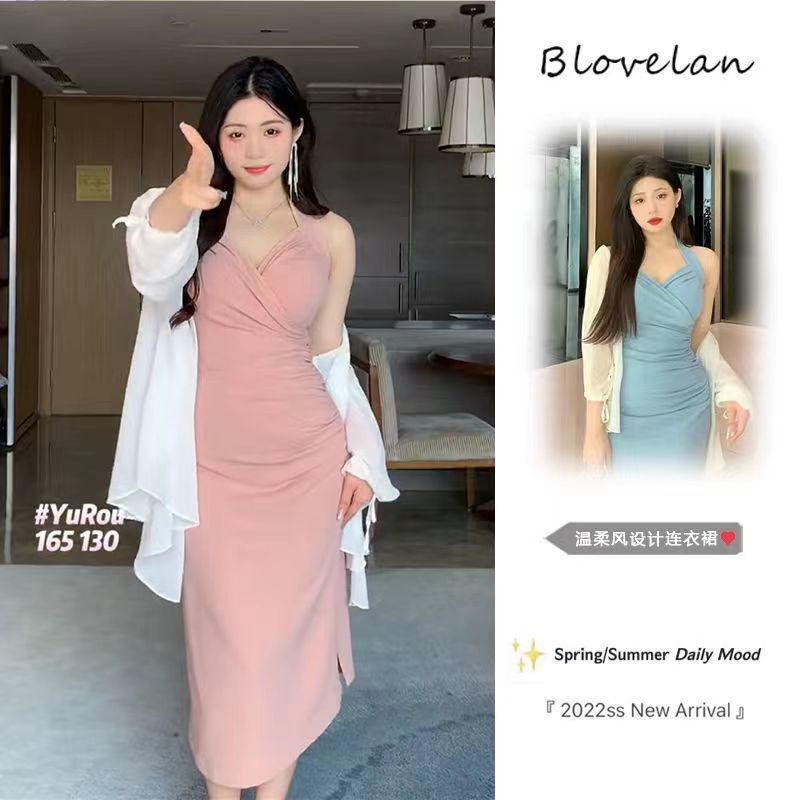 溫與柔掛脖修身連衣裙女無袖夏天收腰遮肉顯瘦辣妹風微胖mm吊帶裙