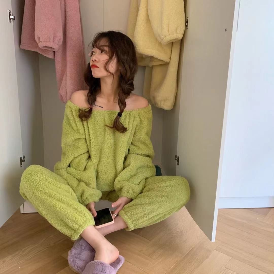Autumn and winter pajamas female students Korean version of the sweet girl ins plus velvet thick home service two-piece suit can be worn outside