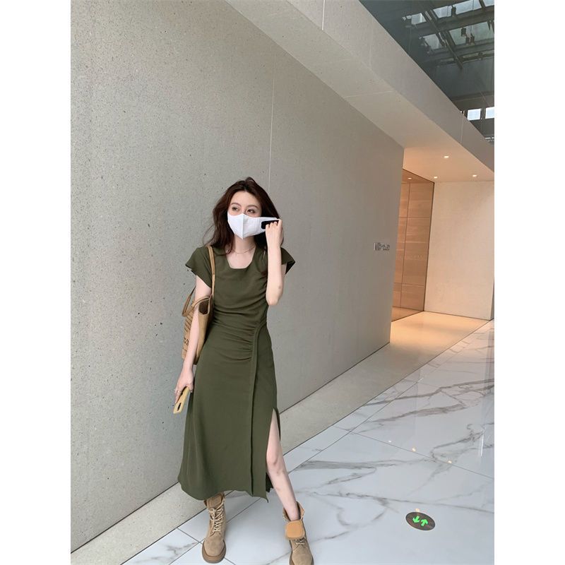 Fashion niche chic design short-sleeved dress women's spring and summer new slimming outerwear slit mid-length skirt trendy