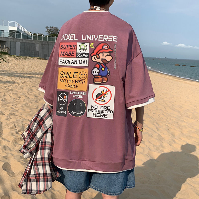 卡通t恤假兩件短袖男夏季潮牌ins港風大碼男裝半袖寬鬆國潮上衣服