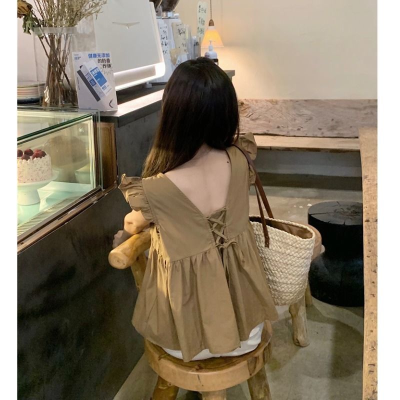 法式小眾木耳邊飛飛袖娃娃衫夏裝抽繩甜辣百搭吊帶背心女上衣夏
