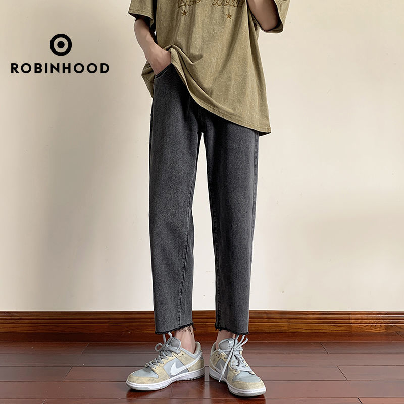 Robin Hood summer thin jeans men's nine-point raw edge loose straight all-match trendy Hong Kong style pants neutral style
