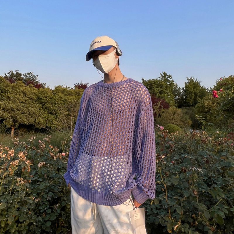 Korean version of grid sun protection clothing high-end design sense of permeable woven top hollow knitted T-shirt men's summer