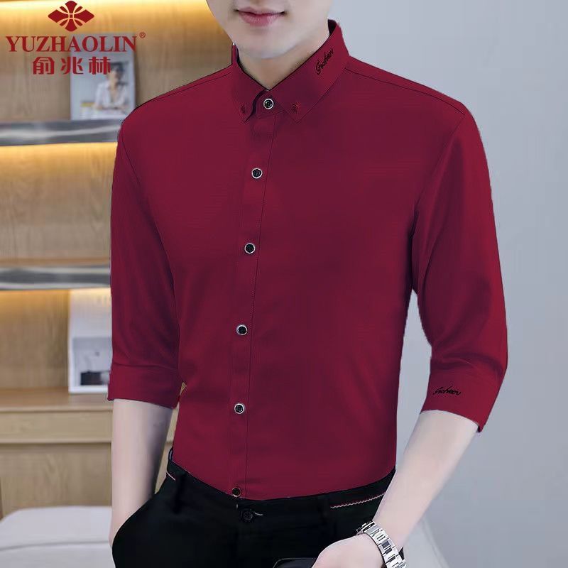 Yu Zhaolin summer shirt men's short-sleeved Korean casual thin section mid-sleeve three-quarter sleeves slim-fit elastic non-ironing shirt