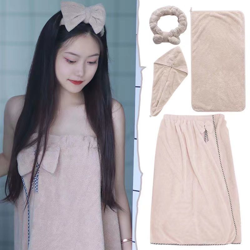 Cuffia da bagno, asciugamano, fascia per capelli, 4 pezzi, 80-85-105 kg, accappatoio indossabile, assorbente, anti-pelo, gonna sexy_voghion.com