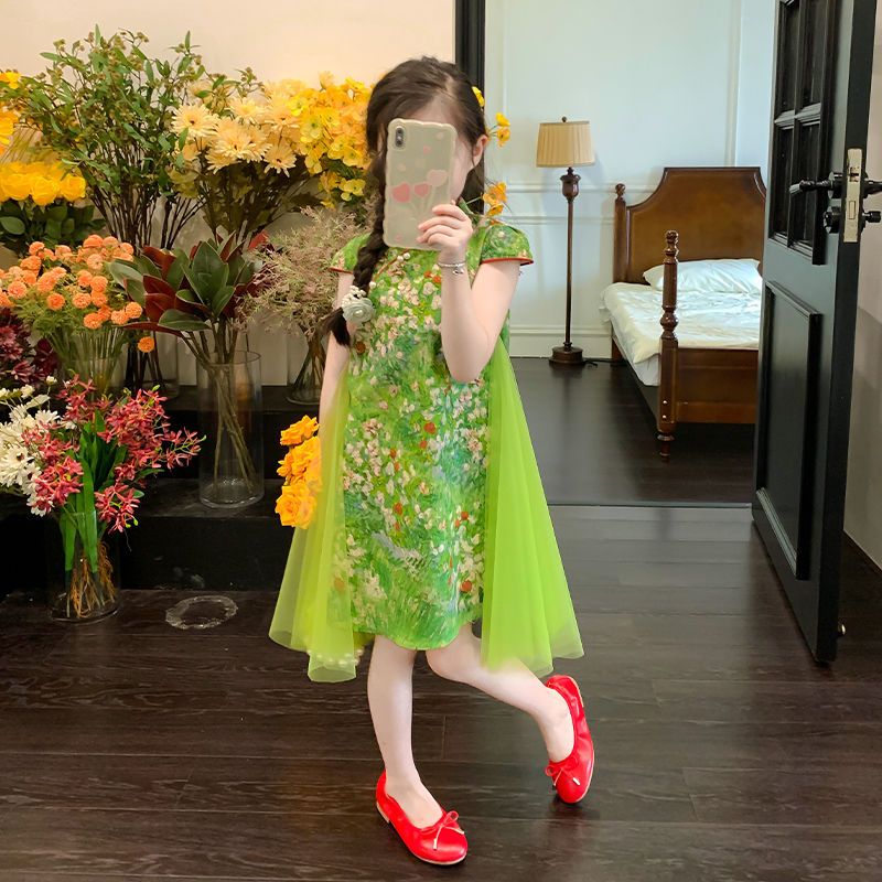 女童復古旗袍油畫連衣裙夏季洋氣2022新款兒童中國風網紗珍珠裙子