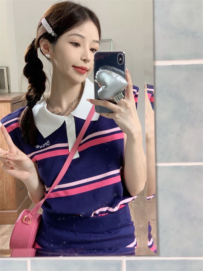 Sports striped sleeveless knitted T-shirt women's summer new chic fashion suit high waist skirt two-piece suit