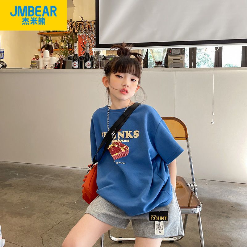 杰米熊女童夏装短袖t恤女中大童韩版洋气字母印花纯棉儿童体恤潮