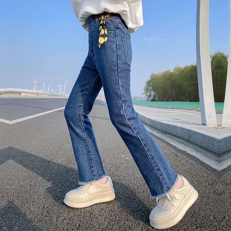 Girls Spring and Autumn Middle School Girls Loose Casual Pants Autumn Korean Version Children's Raw Edge Micro Flare Stretch Jeans