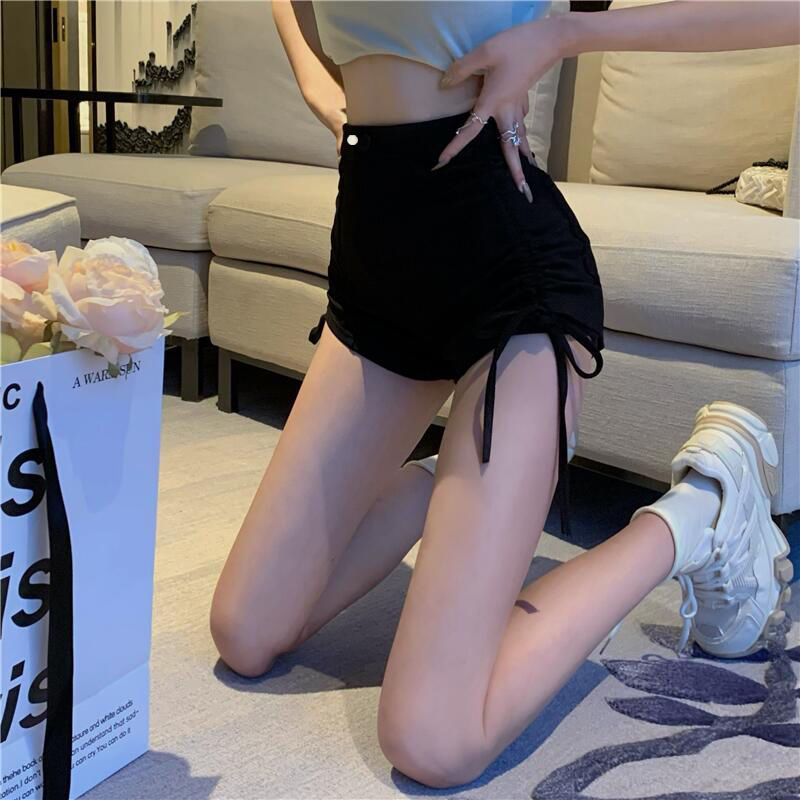抽绳设计感辣妹包臀黑色短裤女夏季韩版新款高腰显瘦热裤子潮