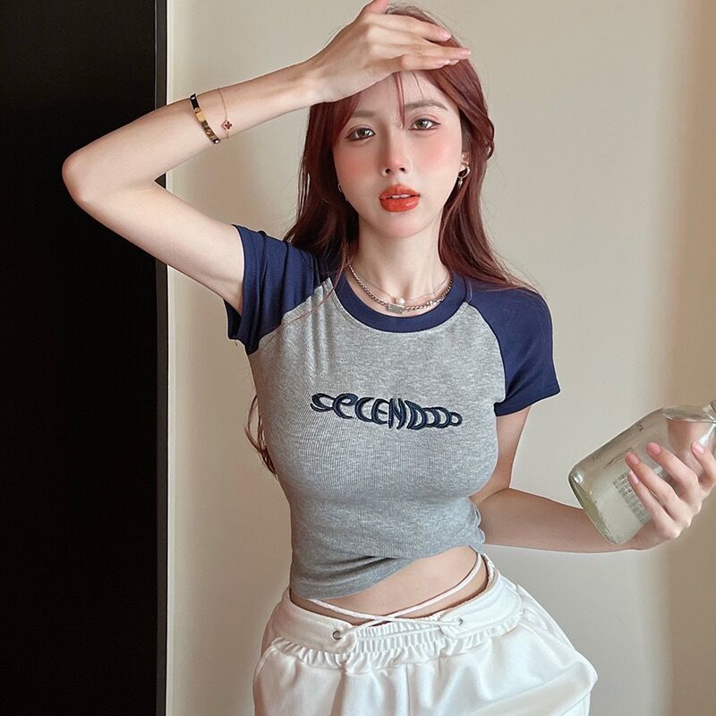 Clothes summer hot girl all-match short-sleeved t-shirt female pure desire wind high waist short section small man showing chest big tight top