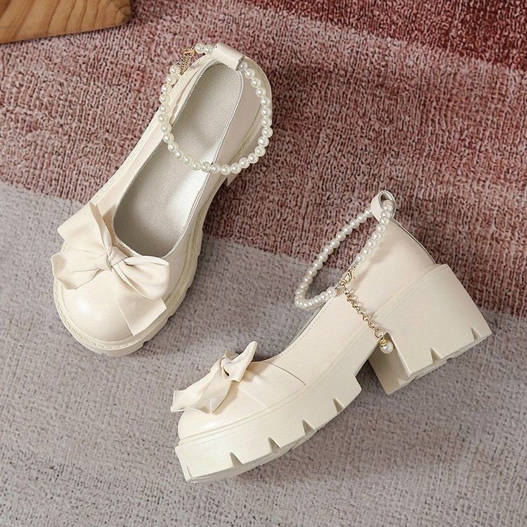 玛丽珍鞋女2022年夏季新款小众设计感珍珠厚底单鞋白色百搭小皮鞋