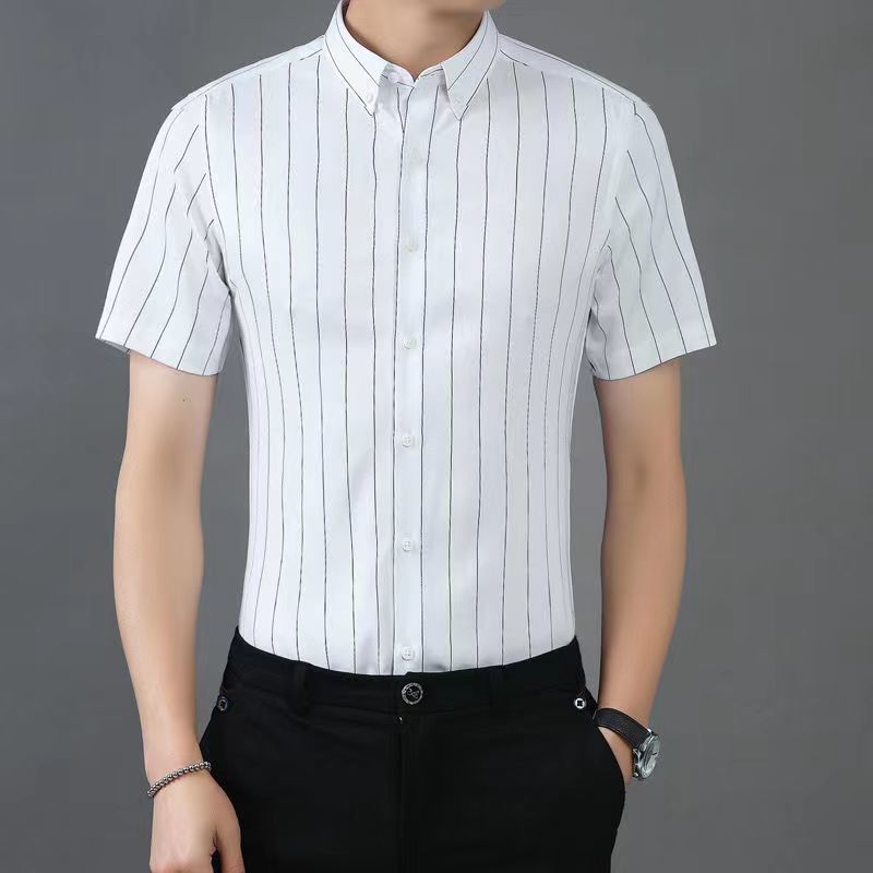 夏季韩版水洗短袖衬衫条纹袖衬衫男高级感舒适宽松中袖条纹衬衣