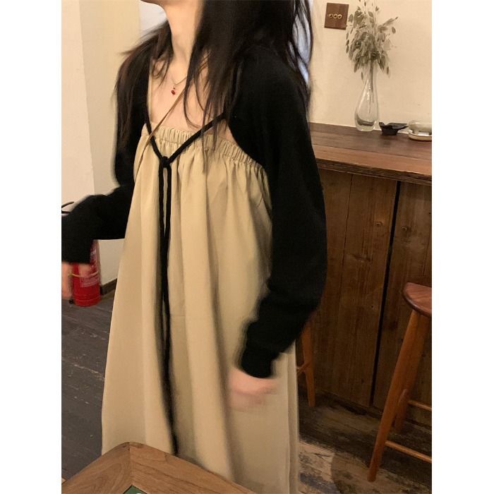 2022夏季新款韓系性感抹胸吊帶中長款連衣裙女溫柔坎肩上衣兩件套