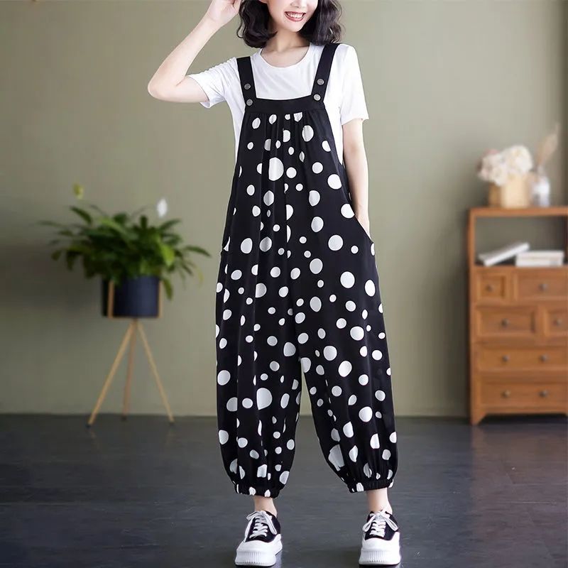 Summer new overalls large size casual age-reducing printing Korean chiffon loose and thin overalls nine-point jumpsuit