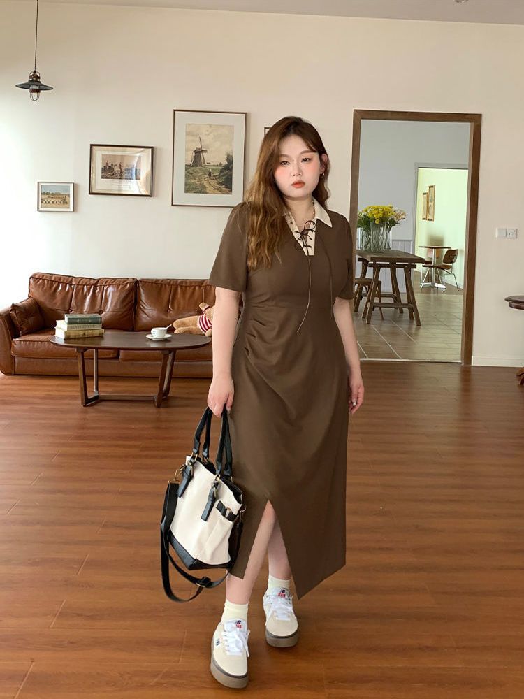 大碼微胖MM收腰顯瘦連衣裙女夏季新款polo領拼接設計感長款裙子女