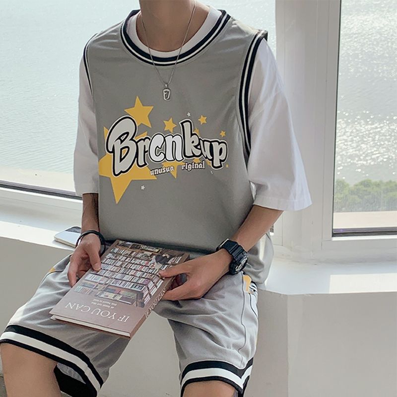 休闲运动套装男2023夏季新款ins篮球服学生韩版宽松球衣两件套潮