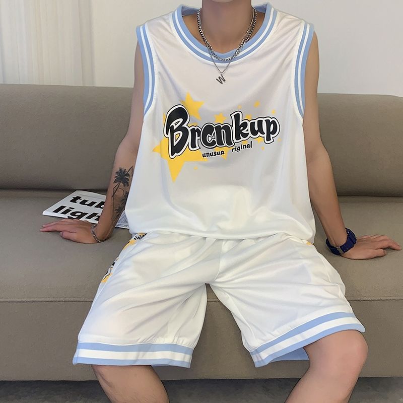 休闲运动套装男2023夏季新款ins篮球服学生韩版宽松球衣两件套潮
