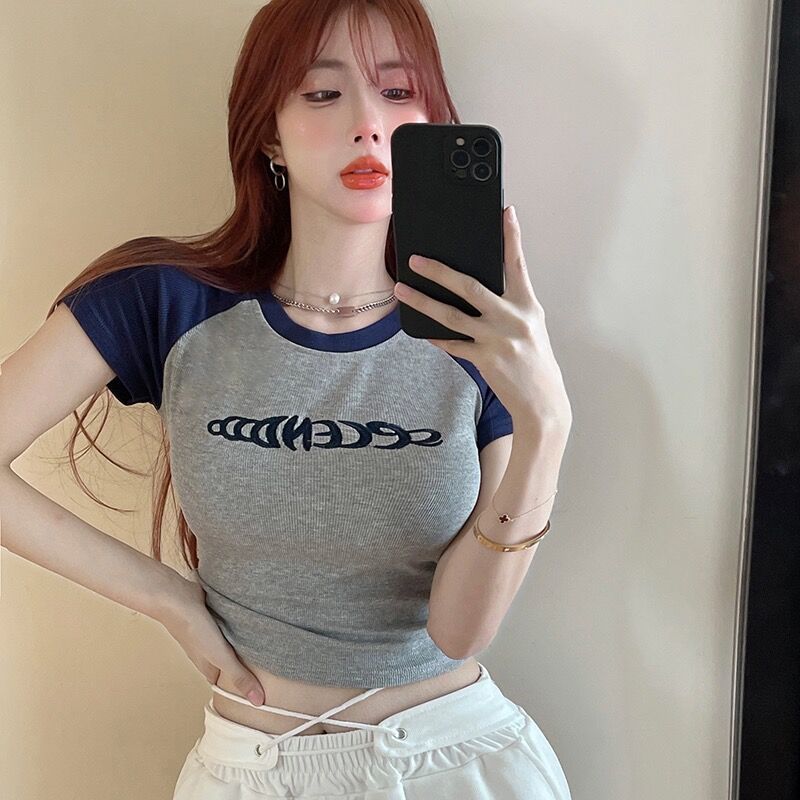 Clothes summer hot girl all-match short-sleeved t-shirt female pure desire wind high waist short section small man showing chest big tight top