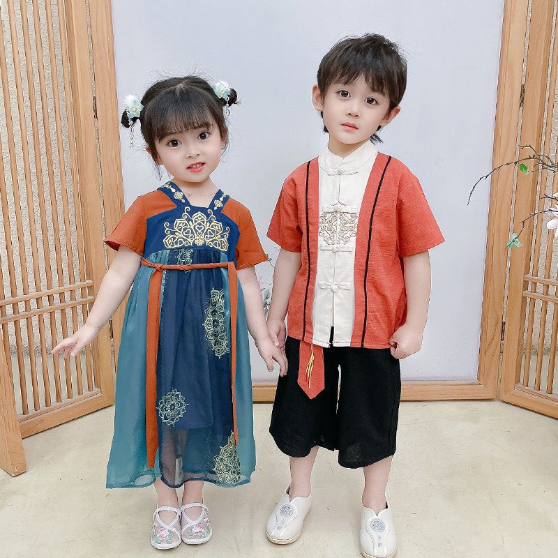 漢服女童夏季薄款超仙襦裙兒童短袖唐裝男童中國風夏裝古裝演出服