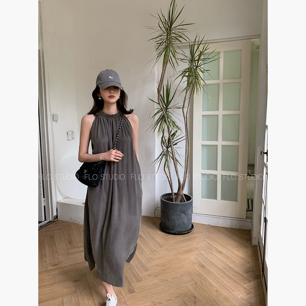 High-end casual style matte copper ammonia silk lazy skirt with digging shoulders and silky hanging neck sleeveless dress~
