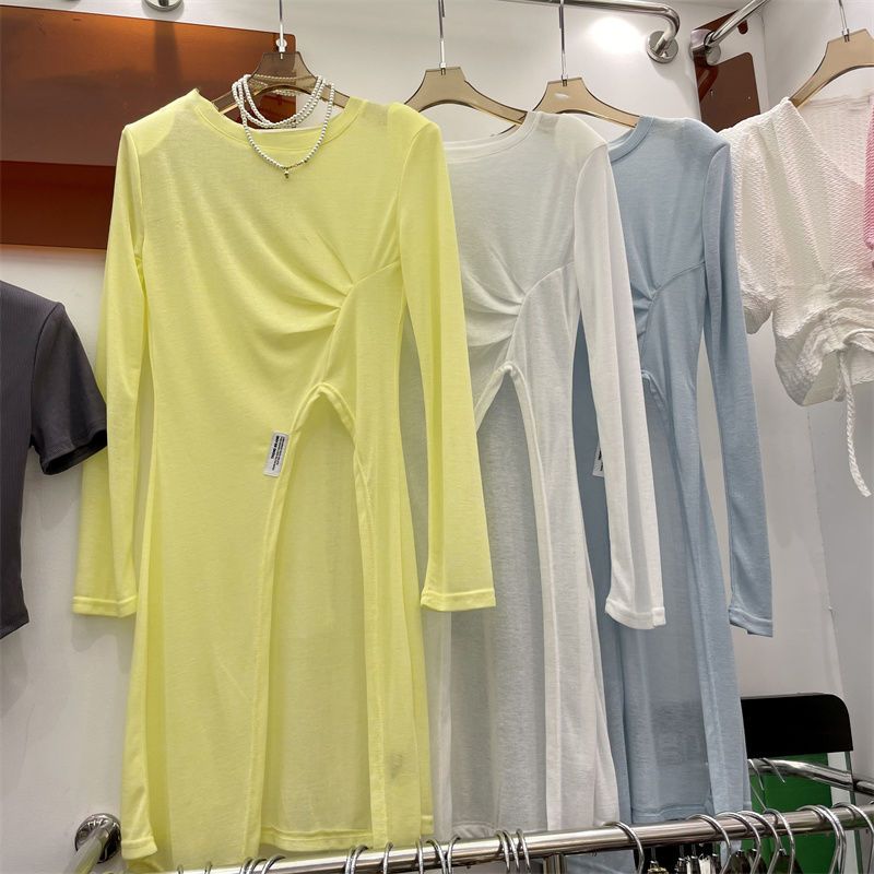 Mid-length slit long-sleeved T-shirt for women Korean version 2022 summer new style slim fit versatile sun protection blouse