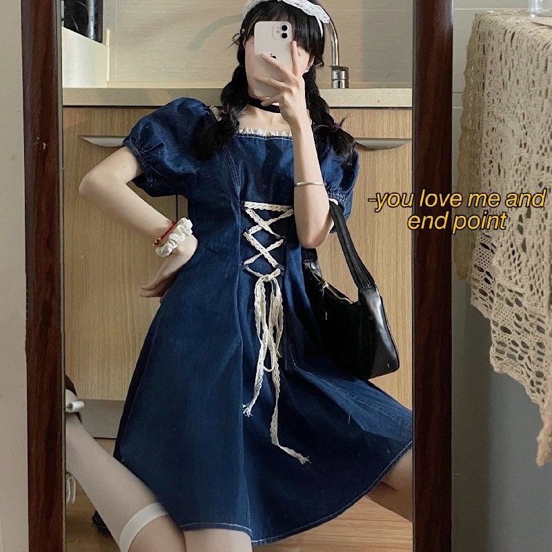 減齡氣質泡泡袖綁帶牛仔連衣裙女夏季大碼胖妹妹mm收腹顯瘦短裙子