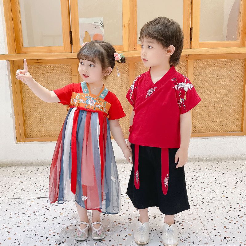 男童汉服夏季薄款短袖套装儿童唐装中国风夏装女童超仙古装演出服