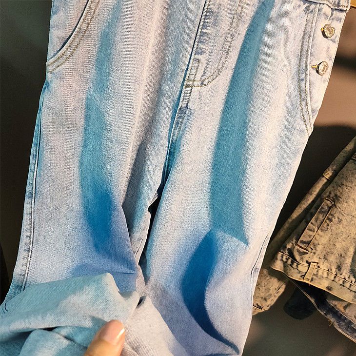 减龄气质盐系撞色牛仔背带裤女2022年夏季大码胖mm设计感连体裤子