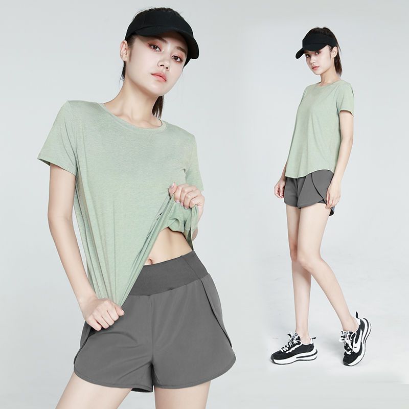 瑜伽服女2023夏季新款運動T恤寬鬆速幹上衣透氣跑步套裝健身短袖