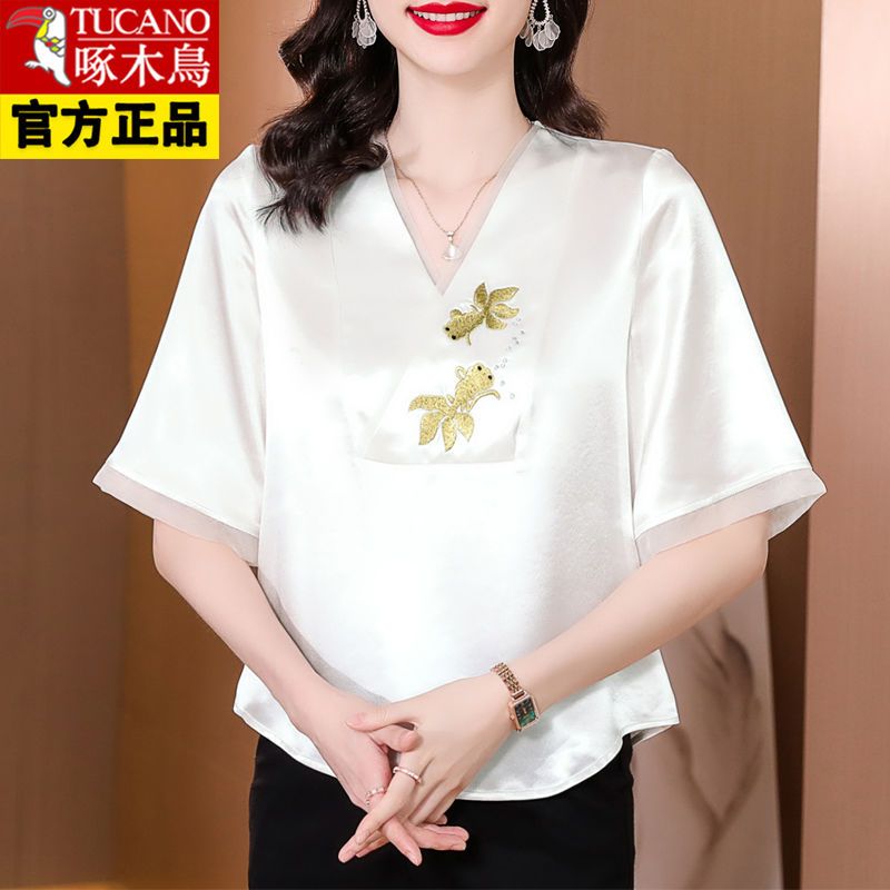 Woodpecker authentic high-end positioning embroidered acetate shirt female  summer new fashion temperament mother top