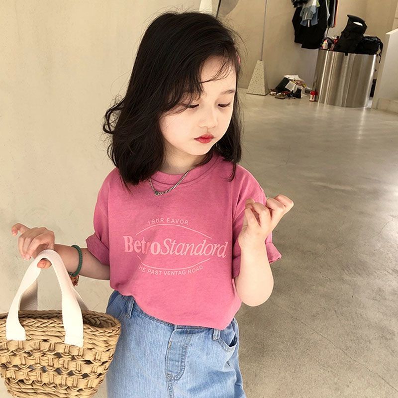 Girls cotton short-sleeved T-shirt 2023 summer children's clothing new foreign style ins children's bottoming children's loose tops