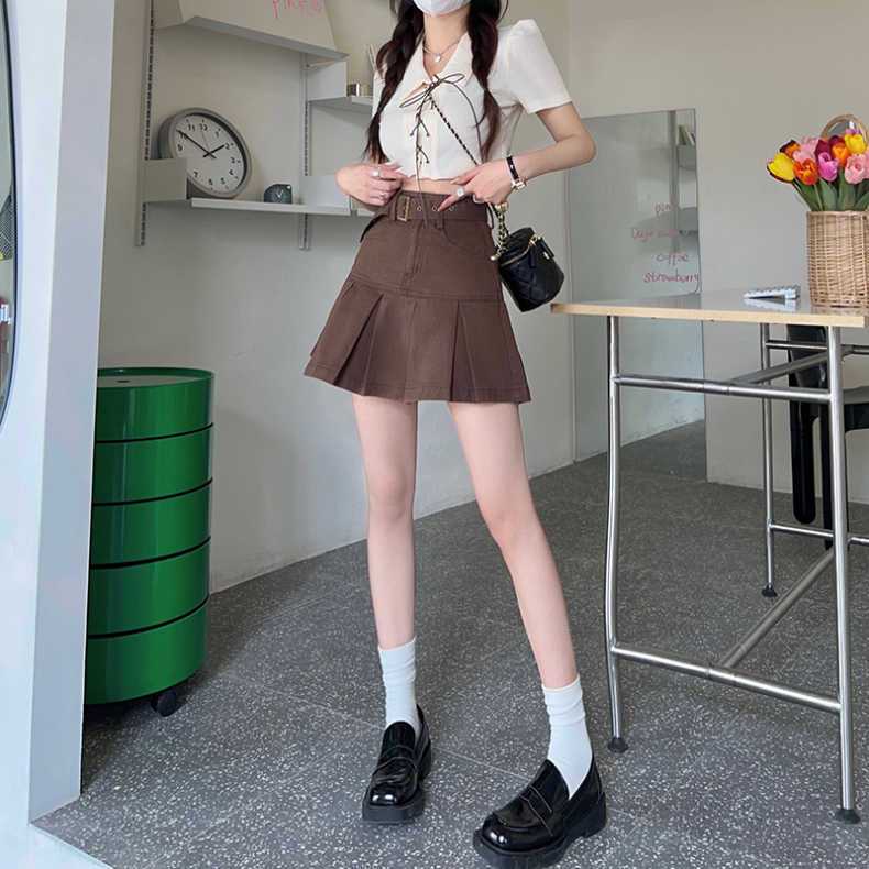 American style denim skirt female summer brown high waist small man with lining hot girl A-line pleated skirt half skirt