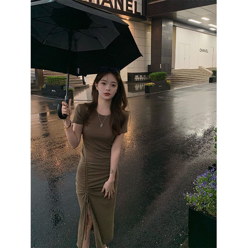 Irregular drawstring temperament pure desire dress women's summer new slit high-end sense slim slim knitted long skirt