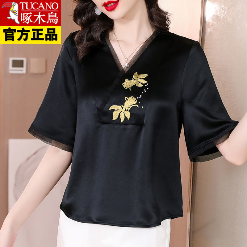 Woodpecker authentic high-end positioning embroidered acetate shirt female  summer new fashion temperament mother top