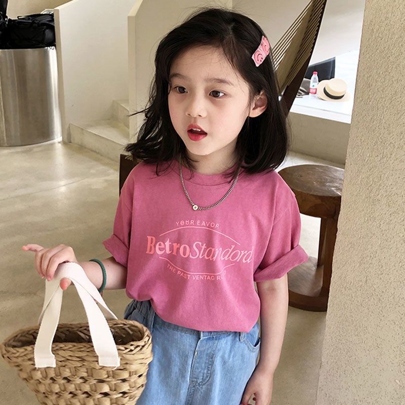 Girls cotton short-sleeved T-shirt 2023 summer children's clothing new foreign style ins children's bottoming children's loose tops