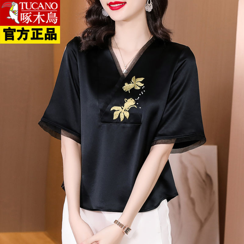 Woodpecker authentic high-end positioning embroidered acetate shirt female  summer new fashion temperament mother top