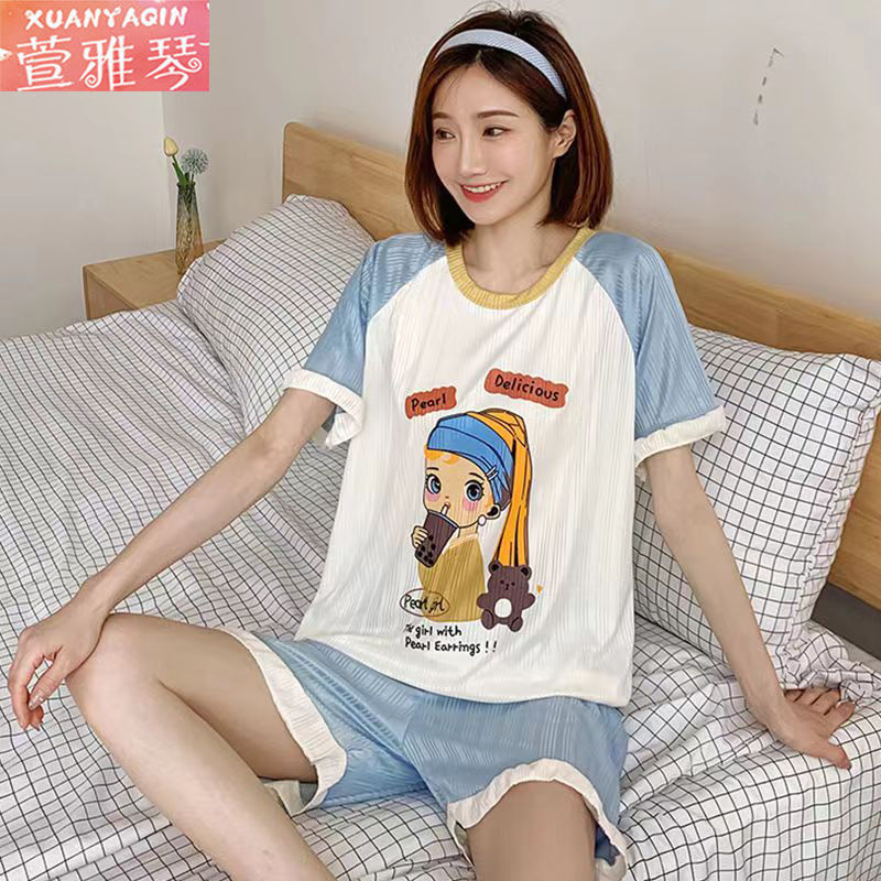 100% double-sided summer pajamas women's summer short-sleeved women's plus size suit simple cartoon princess style home service