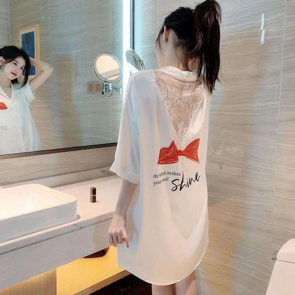 Ice and snow silk nightdress women's summer short-sleeved thin section splicing lace 2022 net red hot style bowknot high-end pajamas