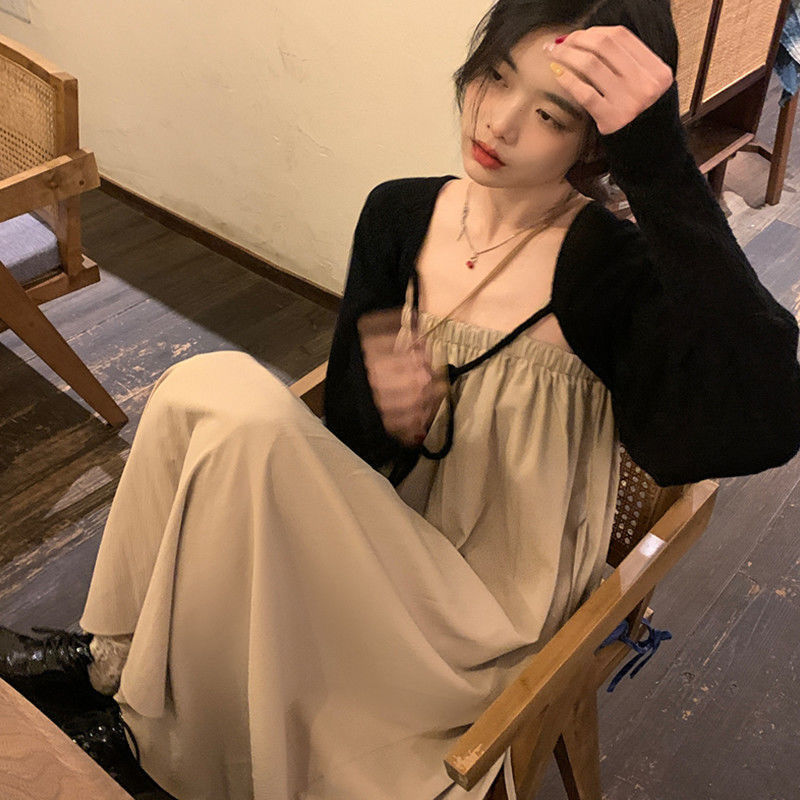 溫柔風別致連衣裙夏兩單件套裝設計感小眾裙子一字肩抹胸吊帶長裙